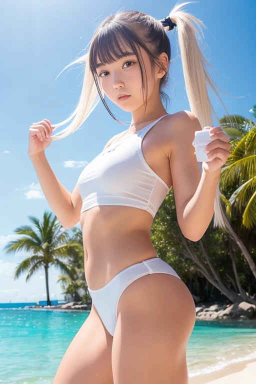 whole body,Highest quality, 18-year-old, Twin tails,White swimsuit, Twisting the body, Eye highlights,Sunlight on the face,S-line pose
