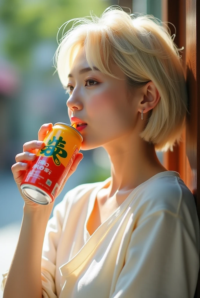 A blonde Asian beauty with short hair, Japanese, wearing casual clothes, natural, profile view, drinking a canned juice.