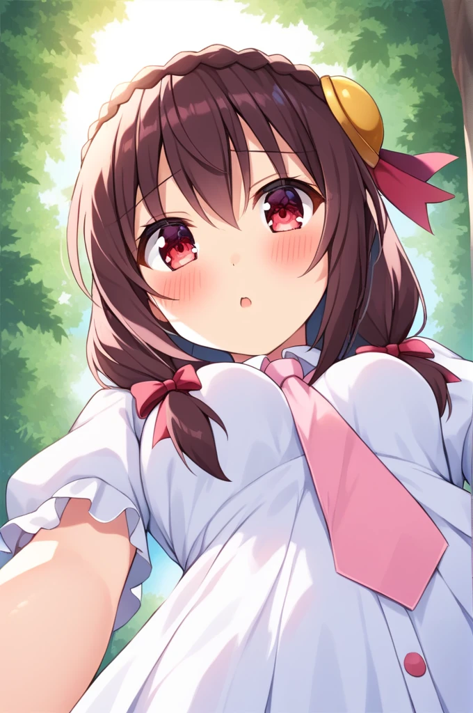 alone, One person, Yunyun, ♥、 (blush:1.5)、Crown braids of the same color as your hair、hair ornaments, Hair Ribbon, Pink tie, White dress、heart、♥、Sunlight filtering through the trees、Being pillowed on by a viewer.、View from below