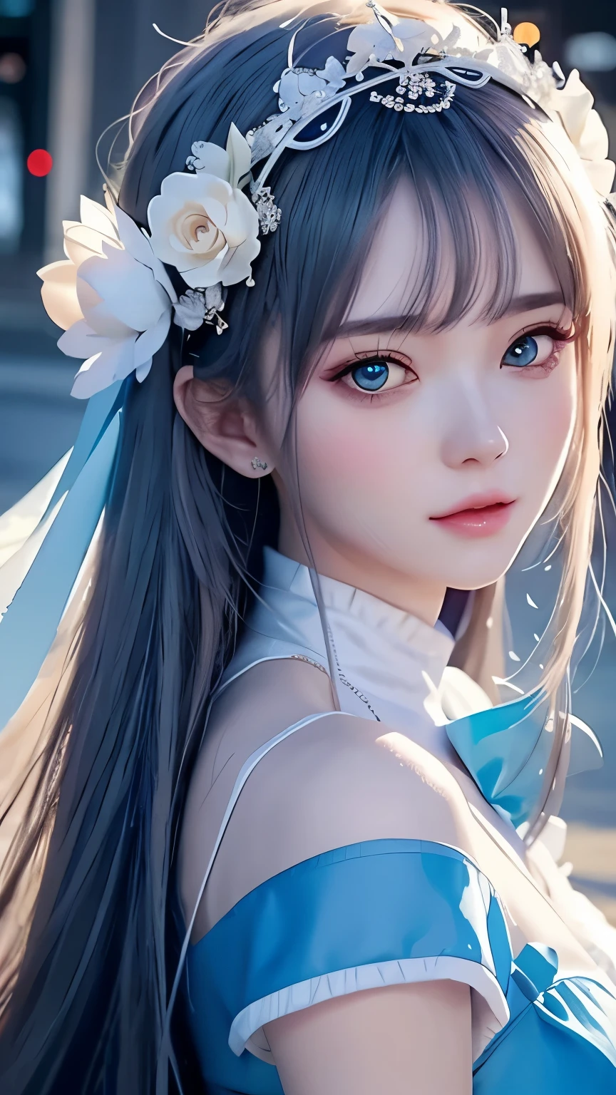 a person wearing a blue dress、close-up of a woman wearing a white headband, Guweiz style work, ig model | Artistic bacteria, extremely detailed Artistic bacteria, hyper realistic anime, soft portrait 8k, Artistic bacteria. animation illustration, Bowater&#39;art style, blonde princess, 8k Artistic bacteria bokeh，blue hair，semi long hair，blue eyes，Beautiful glasses，wear glasses（Concentrate upon），giant 