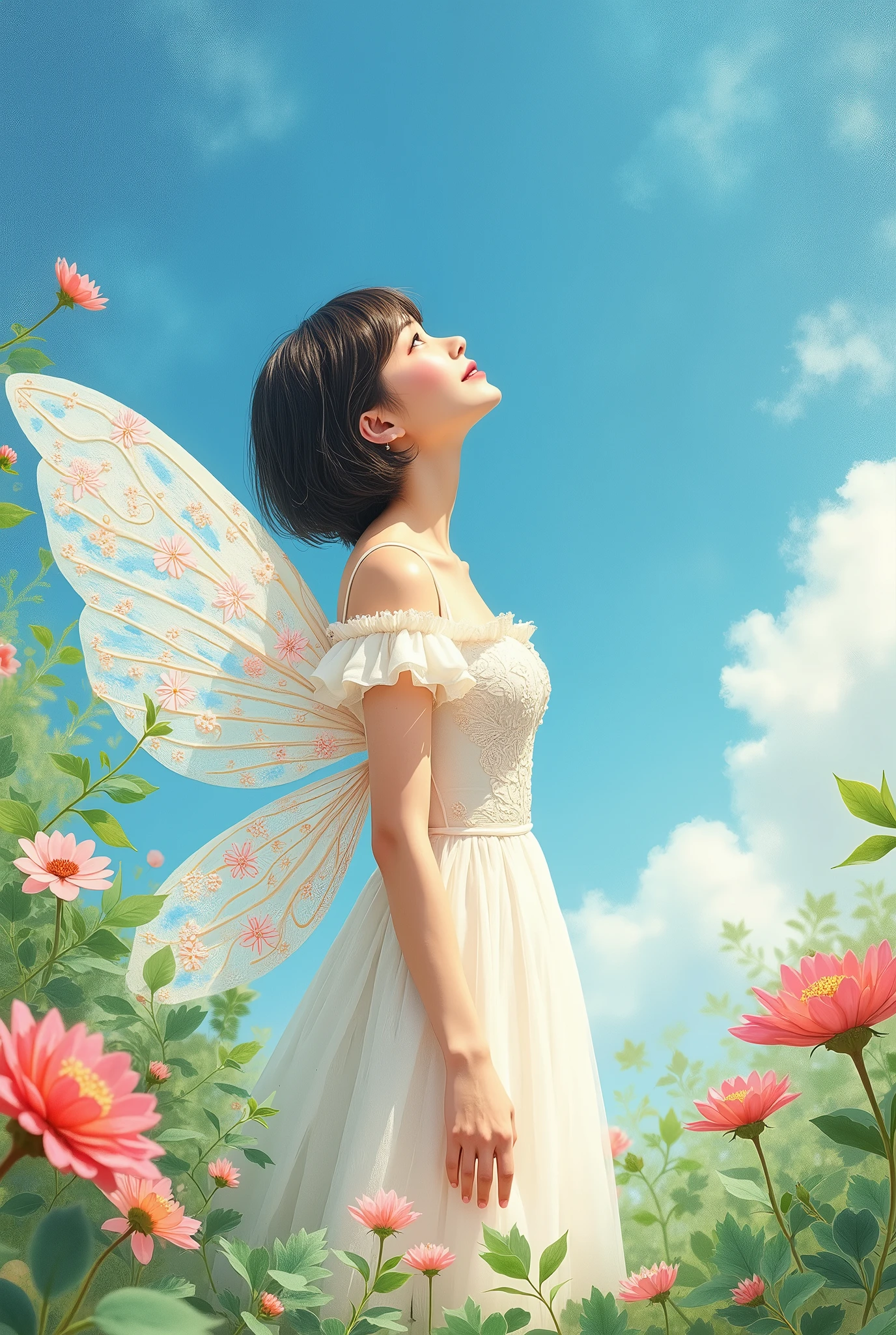 (masterpiece、best quality、best quality、Pretty and beautiful:1.2)、Good anatomy、（Watercolor 1.5）、Composition looking up from below、Long Shot、Short straight hair style for women、Beautiful Smile、Pure white fairy costume、pure、charm、Staring at the blue sky、Flowers and leaves、Plant Art