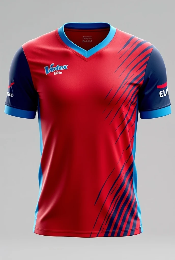 Red jersey with blue accents on the sleeves, Collar, and the sides of the jersey. Untuk Collarnya, can be made in a V or round shape, according to the team's preference. The 'Vortex Elite' logo can be placed on the left chest, maybe with a medium size to make it easy to see.Di bagian depan, there can be thin blue lines forming a dynamic pattern, starting from the shoulders and continuing to the waist. On the back of the jersey, player numbers can be added in the center with a contrasting color, for example white or bright blue, to make it clearly visible.