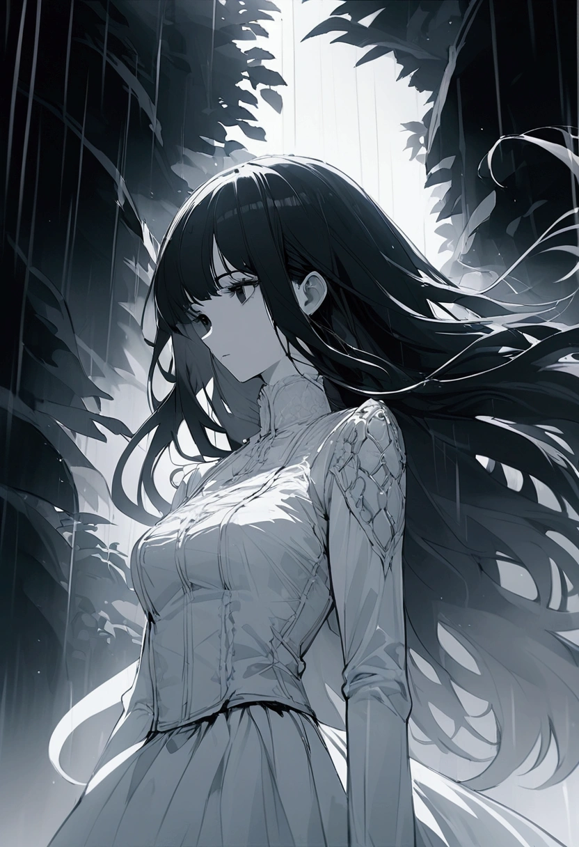 long hair woman、black hair、black eyes、gloomily,moonlight,cool,rain,((Black and white style))