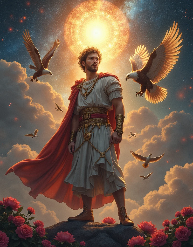((masterpiece)), ((Highest quality)), ((High resolution)), ((Highly detailed CG Unity 8k wallpaper)), Roman Emperor Constantine１The Great Emperor、Fluffy hair、Bright and sharp eyes、eyes like a lion、Leisurely Actions、Calm and Composed Expression、Aura of Majesty、neck as thick as a bull、Eagles and Hawks Are Fond of Him、Tarot Cards、Oracle Cards、『world』、ウイリアム・ブレイクの画Wind、ギュスターヴ・モローの画Wind、Ancient and Modern、輝く未来とhope、The Universe、Milky Wayの中心の眩い光、射手座のMilky Way中心、光の洪water、The colorful sparkle of gemstones、Lu Li Guangcai、Play-of-color effects、Paradise、Eden、Heavenly Jerusalem、Nostalgia、hope、永遠のhappiness、Genesis、Revelation、Alpha and omega、Healing、Longing and fulfillment、Everything is for the best、bless、Heavenly Purification、Bliss of All Things、happiness、Eternal Life、completely、perfection、Forgiveness、occultism、Symbolism、Primordial Happiness、peace of mind、reproduction、revival、魂のHealing、God's Plan、天使のbless、peace、joy、lotus、lily、Rose、gold、gold、silver、The First Light、Supernova explosion、Meteors、Milky Way、諸Milky Way、The Edge of the Universe、The magnificent light of celestial bodies、Fantasy、like、Beauty、Digital Art、kind、慈like、mercy、wisdom、vitality、 Tree of Life、Tanaha、Christian Bible、revelation、Eternal happiness、万物への平和とhappinessと保護を祈る、大切で貴重なpeaceと元気と賢さ、Paradise、Mandala、Japanese Beauty、Amitabha Buddha's Coming to Welcome Diagram、Masterpiece、Highest、spiritual、material、fire、water、Wind、land、tears of gratitude、