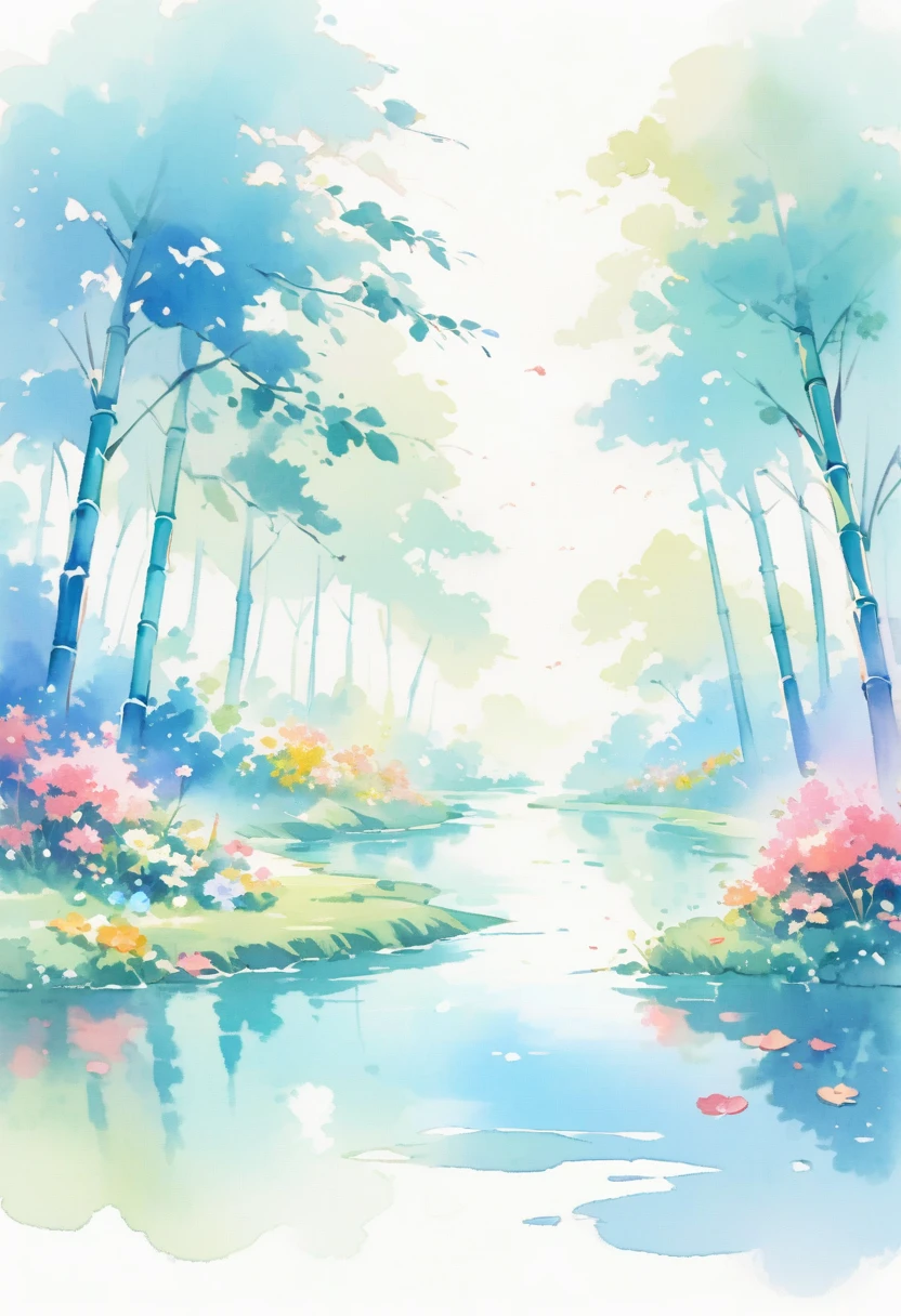 (best quality, high resolution, Watercolor bamboo forest，river