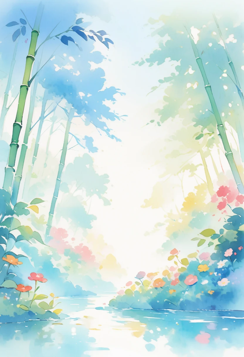 (best quality, high resolution, Watercolor bamboo forest，river