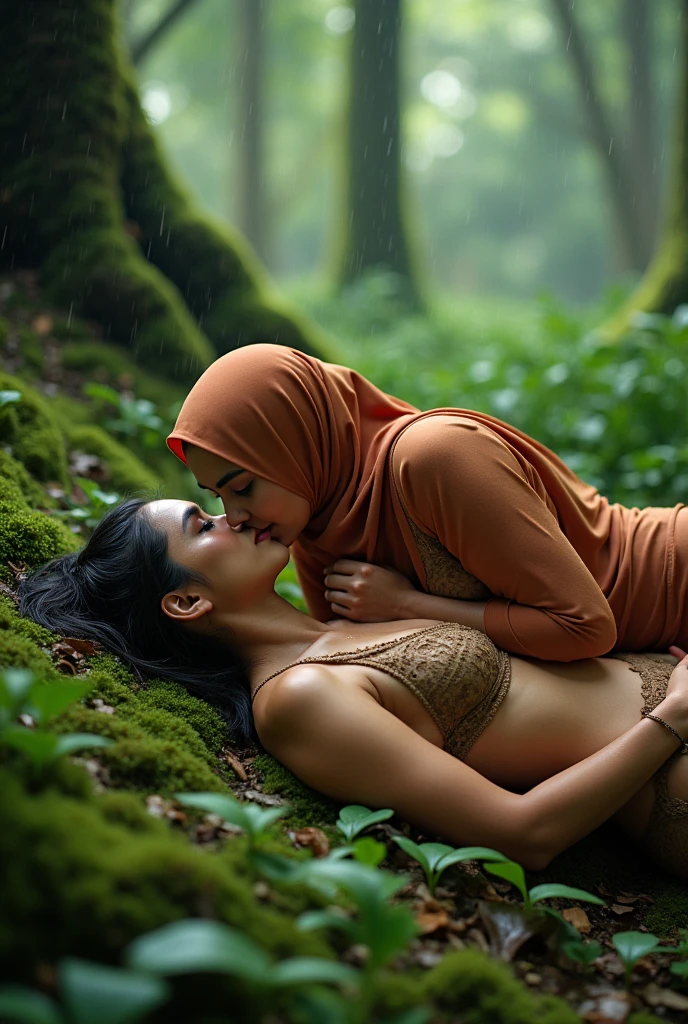 beautiful hijab indonesian lesbian girl laying down,bra and panties,hugging,in the Wood,kiss,lesbian sex,view from far,,raining,front view ,medium breast,