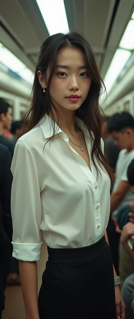 (32K:1.9, Highest quality, masterpiece, Ultra-high resolution, Professional low-angle camerawork:1.5, Very detailedな肌と顔の質感:1.4), Always accurate, Very detailed, ((25 year old Japanese woman, Big breasts on the verge of collapse:1.2, Inside the train:1.6, Multiple men:1.6, A tight skirt and a white shirt:1.7, Incredibly slim body:1.3, areola is not visible)), Fair skin, elegant, sense of cleanliness, Thin eyebrows, (Big eyes that exude beautiful eroticism:0.4, Embarrassed smile:1.0, I despise you from the bottom of my heart:0.8, Open your mouth a little, lipstick, Feel the beautiful eroticism:0.9), (Wet dark brown medium length hair), Earrings, necklace, bracelet, (romantic, mysterious), Object of admiration, original, dramatic, artistic, Innovative, charm, Heartful, Fancy, sense of openness, special, exciting, Extreme, Tilt, sense of loss, suffering, sufferingの表現, (((若さのcharm, 女性的なcharm)))
