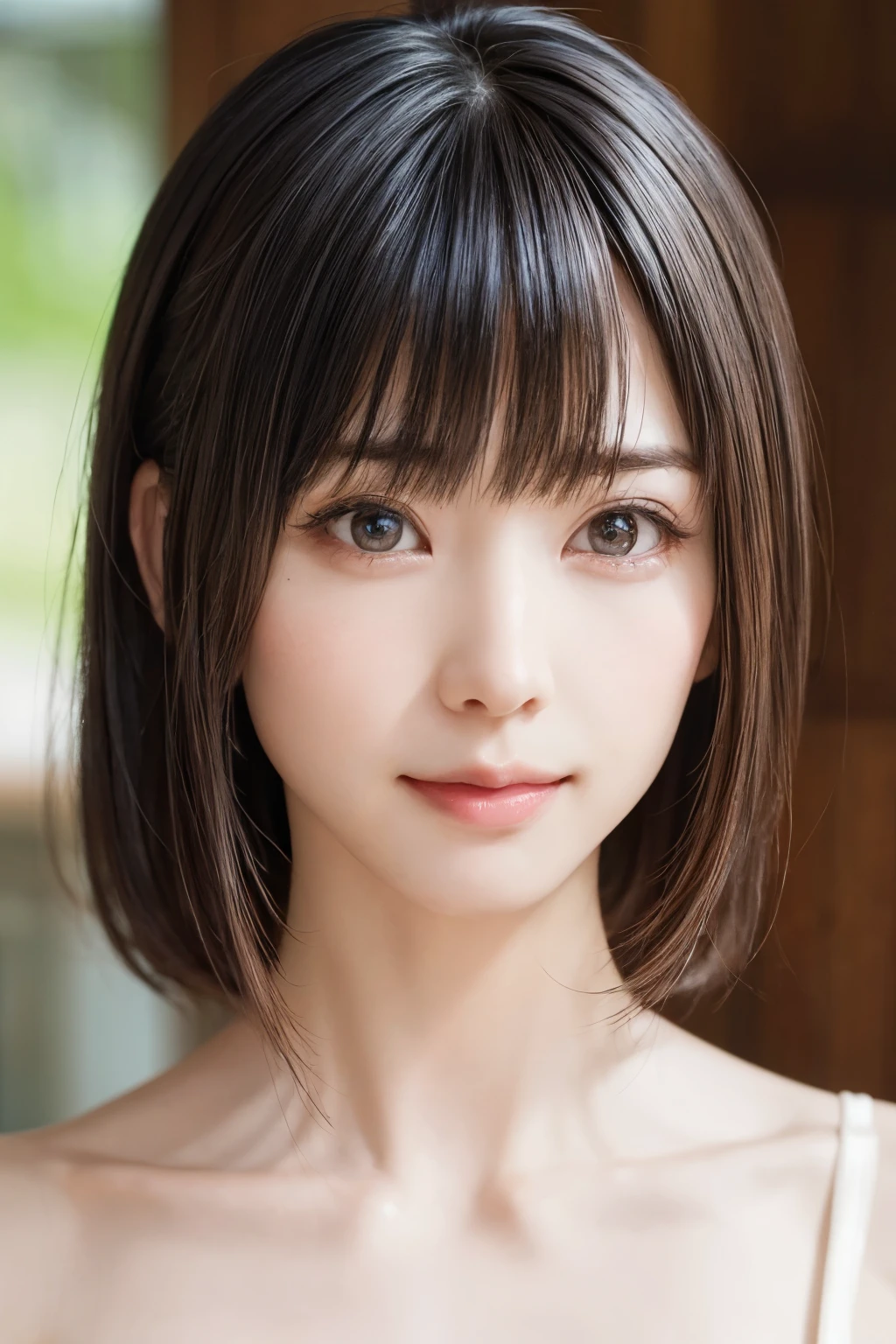 ((masterpiece, Highest quality, High resolution、Realisticですべてが美しく詳細に描かれている)), 1 person, (Realistic: 1.4), alone, White Background, snow-White Background, Mouth closed, smile, smile, Beautiful black hair, short hair, Big eyes, Transparent double eyelids, eyelash, Listen carefully, Long neck, 美しくLong neck, Absolute area, ((Face close-up)), (Draw the whole head, shoulder), 19 years old, Attractive proportions, Glowing Skin, Beautiful clavicle, Golden ratio face, Perfect Face, Teardrop-shaped mole, chestのほくろ, bangs, clean bangs, beautiful bangs, Lip gloss, Thin lips, Fair skin, naked, Big Breasts, {Huge|big|Hugeな|Mega} chest:2, chestの谷間:2,chestの谷間を見せる、Small face, Small face, All the heads are painted, shoulder all drawn, Point slightly above the camera