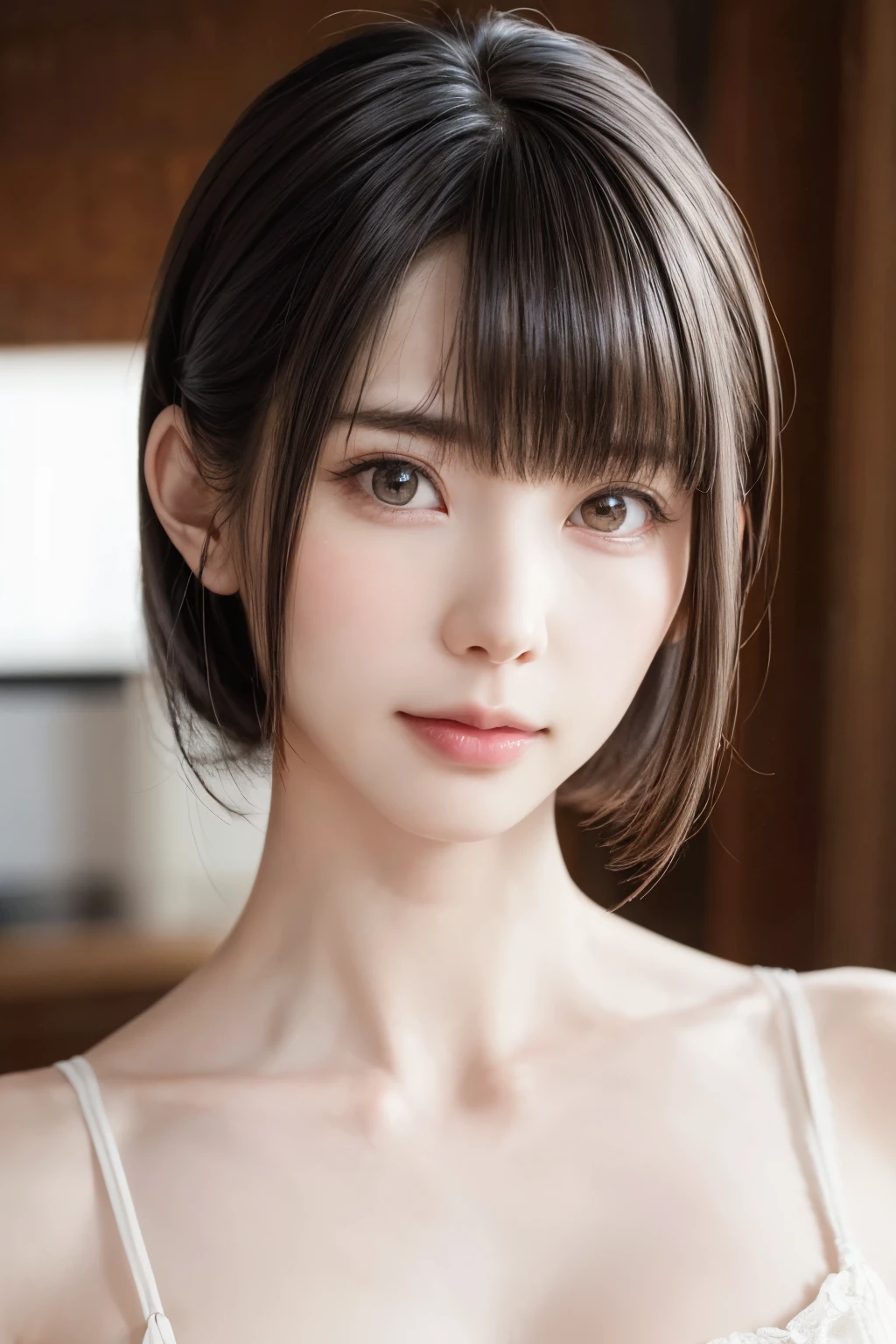 ((masterpiece, Highest quality, High resolution、Realisticですべてが美しく詳細に描かれている)), 1 person, (Realistic: 1.4), alone, White Background, snow-White Background, Mouth closed, smile, smile, Beautiful black hair, short hair, Big eyes, Transparent double eyelids, eyelash, Listen carefully, Long neck, 美しくLong neck, Absolute area, ((Face close-up)), (Draw the whole head, shoulder), 19 years old, Attractive proportions, Glowing Skin, Beautiful clavicle, Golden ratio face, Perfect Face, Teardrop-shaped mole, chestのほくろ, bangs, clean bangs, beautiful bangs, Lip gloss, Thin lips, Fair skin, naked, Big Breasts, {Huge|big|Hugeな|Mega} chest:2, chestの谷間:2,chestの谷間を見せる、Small face, Small face, All the heads are painted, shoulder all drawn, Point slightly above the camera