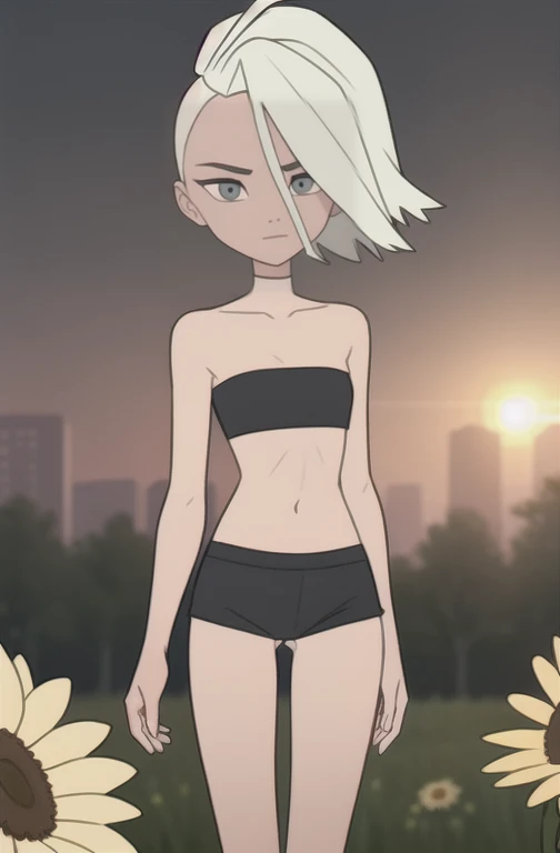 (Solar theme:0.6), Glucose, 1 girl, mature face, One, short hair, in a black strapless bra, in a black bikini, black color, bare legs close up, bare ass, cheekbones on the face, mature appearance, sexuality, Long legs, sexy legs, high growth, sunny day outside, street, summer day, Sun, sunset, cnjbn in the meadow near the tree, A meadow, wound,  1.2), White hair, pomade, decrease,  I look at the viewer, grey eyes, sharp image, Crop top, (HDR:1.22), Bright rainbow colors, flowers, Many colors, thickets, complex background, hyper-detailed, Art [[Jordan Grimmer], selfie