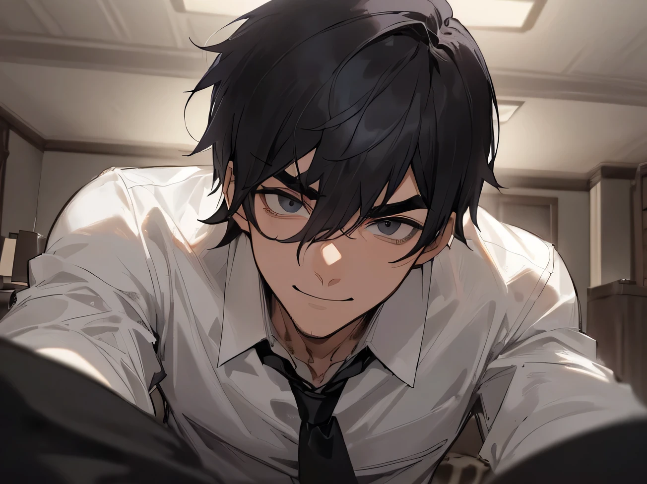 Working Adults.,male,Handsome,Cool vibe,I,Black-haired,Thick eyebrows,mash,Gloomy mood(Masseter muscle area,Viewer Perspective,Upper Body,Face close-up,Horny,smile,Wicked Smile,Yandere atmosphere,,Night atmosphere,A white shirt and black pants,please wear a tie,),Hotel room bed、