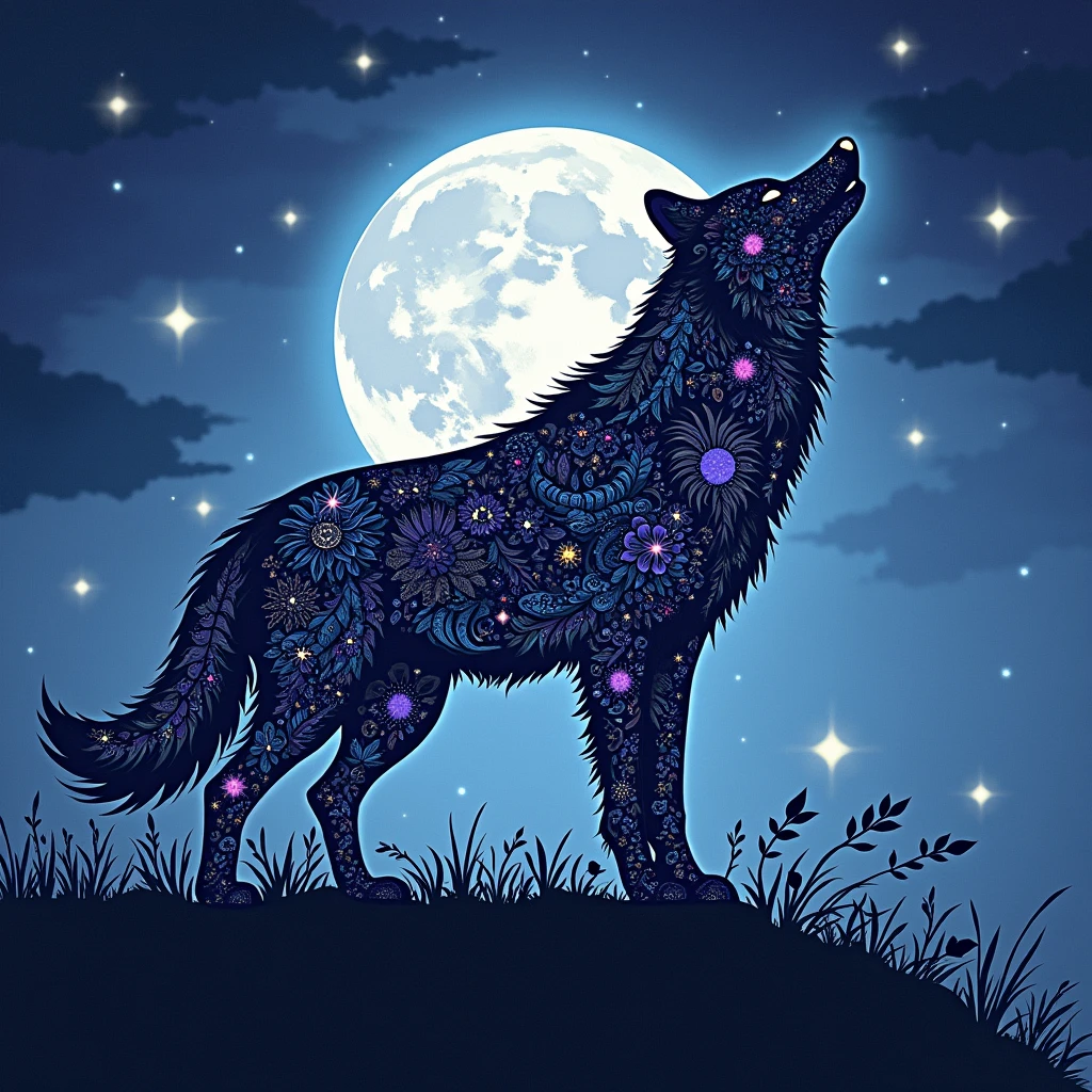 A silhouette of a wolf howling, filled with intricate patterns and textures, creating a powerful and dynamic visual.