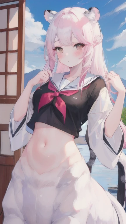 (best quality, masterpiece), 1 girl, centaur, I beg, White skin, Japanese schoolgirl, ,black pink, exposing the abdomen, belly button t-shirt , beautiful girl perfect, White tiger photo, 완벽한 White tiger photo