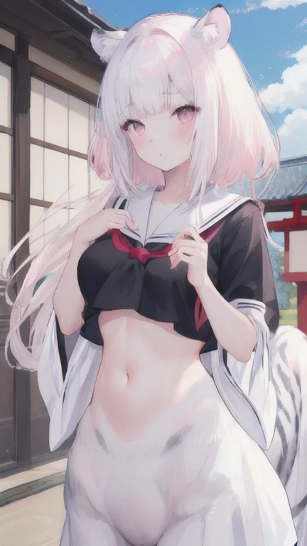 (best quality, masterpiece), 1 girl, centaur, I beg, White skin, Japanese schoolgirl, ,black pink, exposing the abdomen, belly button t-shirt , beautiful girl perfect, White tiger photo, 완벽한 White tiger photo