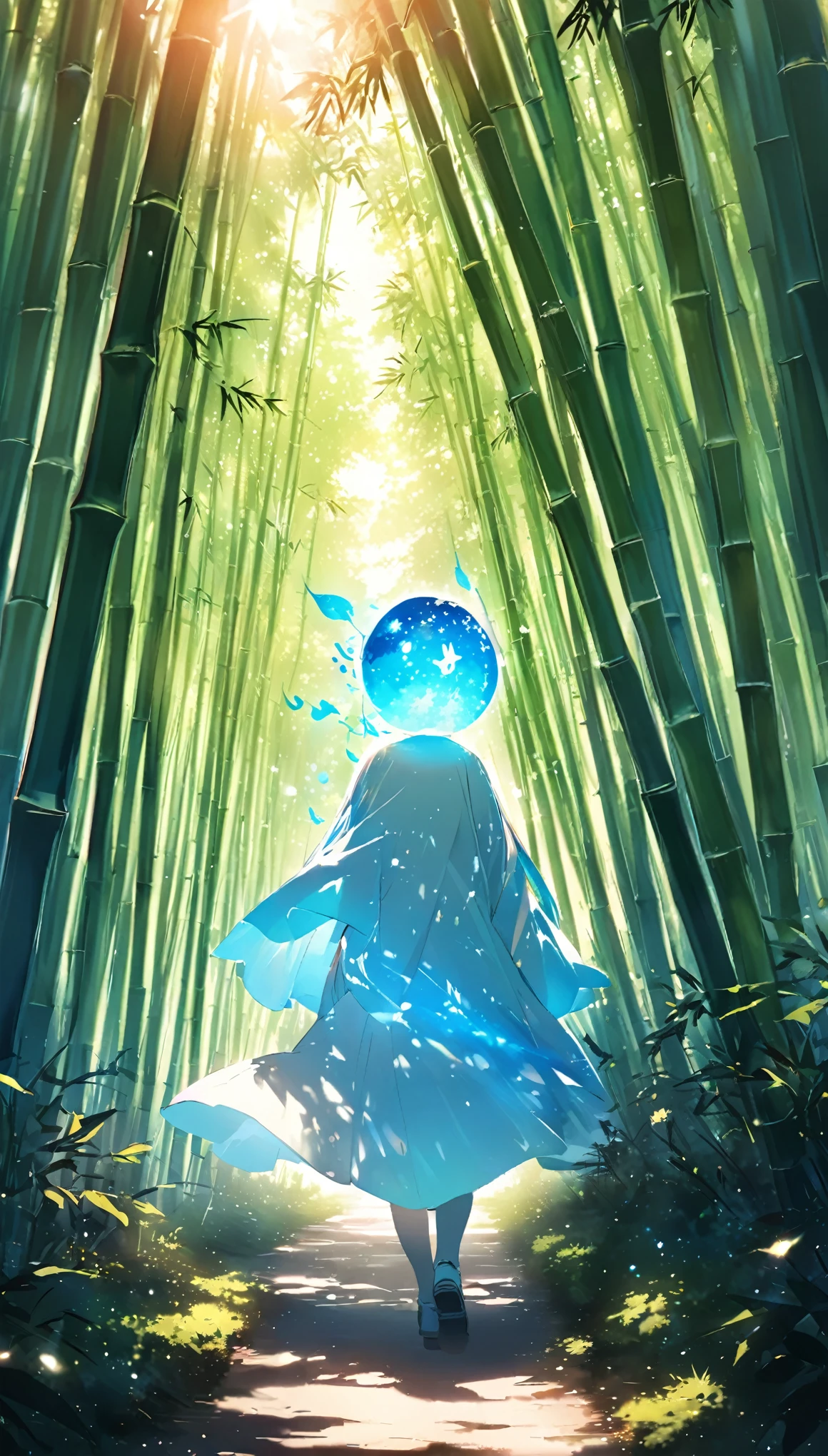 ((A cute spirit walking through a bamboo forest)),Sunlight filtering through the trees、Light production、Sparkling effects,Close-up,Mysterious work