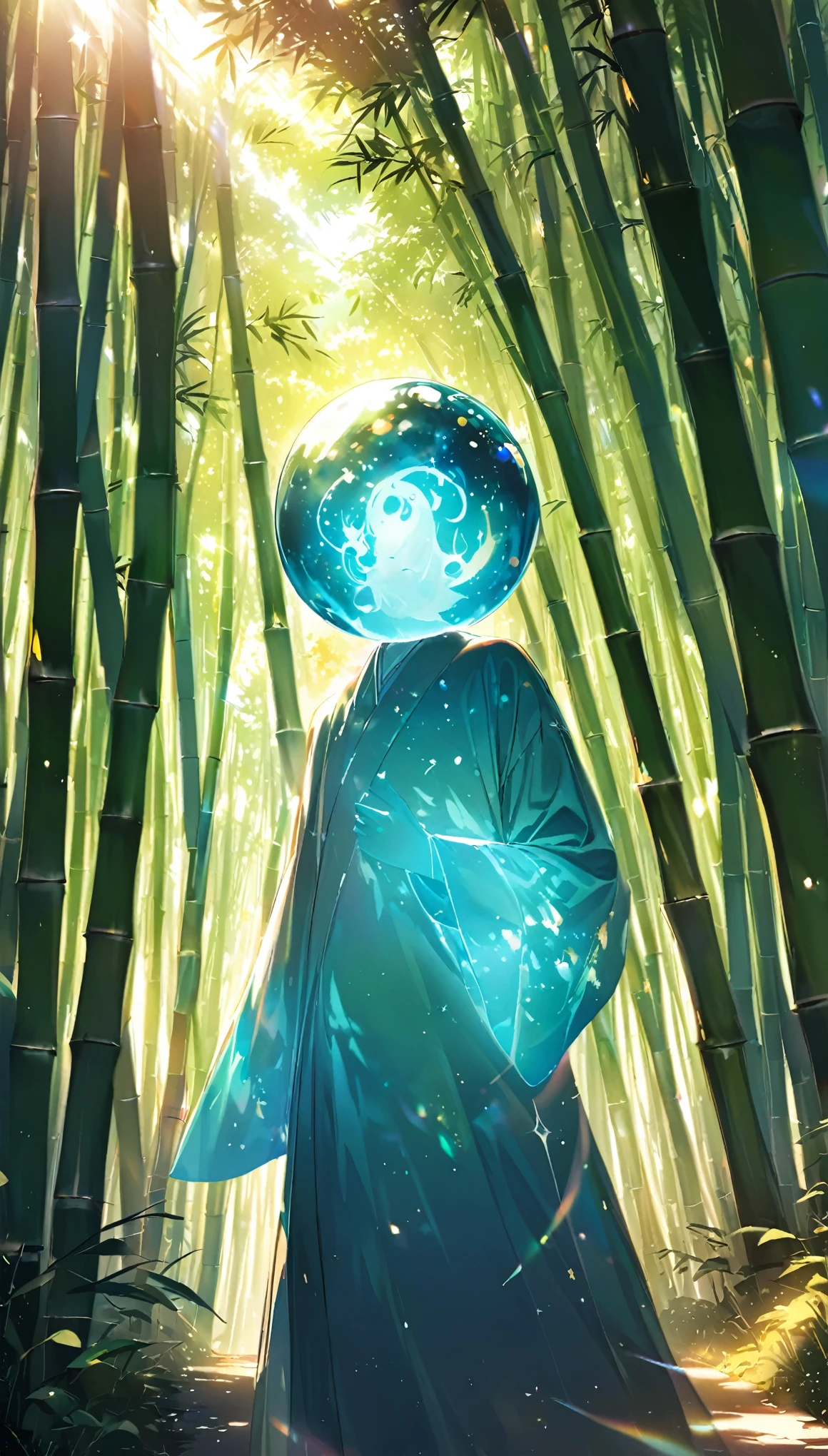 ((A cute spirit walking through a bamboo forest)),Sunlight filtering through the trees、Light production、Sparkling effects,Close-up,Mysterious work