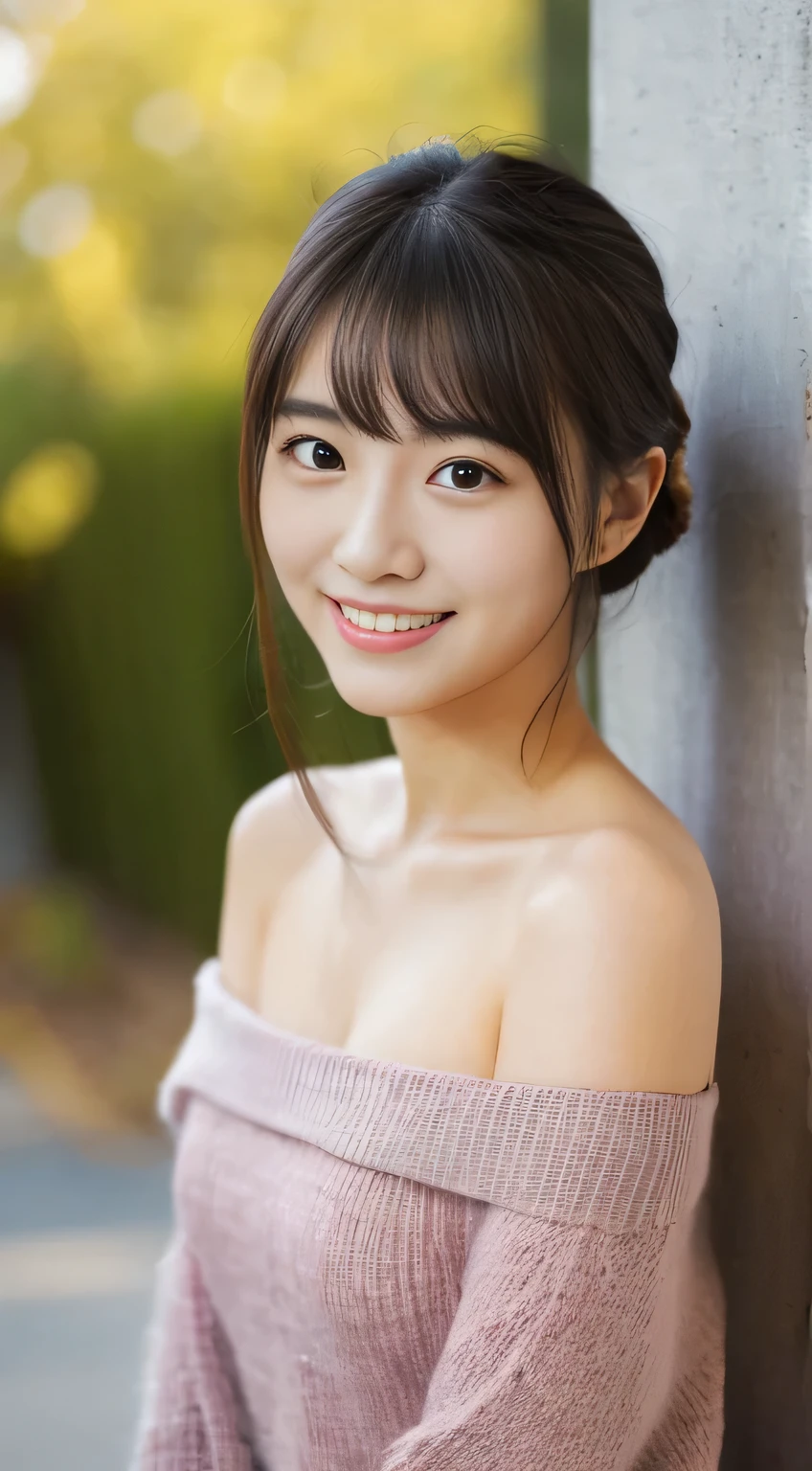 masterpiece,best quality,(Japanese girl),((Beautiful girl)),cleavage,(off shoulder:1.2),(perfect body beauty:1.2),(shy smile),From slightly above