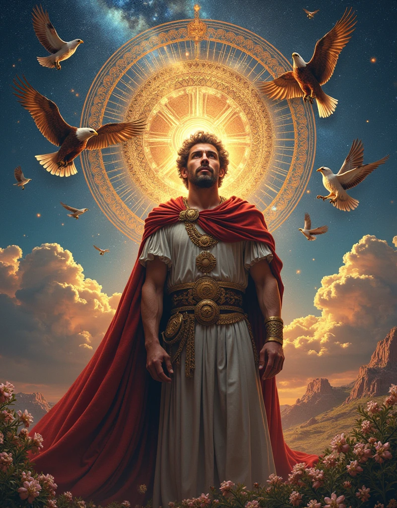 ((masterpiece)), ((Highest quality)), ((High resolution)), ((Highly detailed CG Unity 8k wallpaper)), Roman Emperor Constantine1The Great Emperor、Fluffy hair、Bright and sharp eyes、eyes like a lion、Leisurely Actions、Calm and Composed Expression、Aura of Majesty、neck as thick as a bull、Eagles and Hawks Are Fond of Him、Tarot Cards、Oracle Cards、『world』、ウイリアム・ブレイクの画Wind、ギュスターヴ・モローの画Wind、Ancient and Modern、輝く未来とhope、The Universe、Milky Wayの中心の眩い光、射手座のMilky Way中心、光の洪water、The colorful sparkle of gemstones、Lu Li Guangcai、Play-of-color effects、Paradise、Eden、Heavenly Jerusalem、Nostalgia、hope、永遠のhappiness、Genesis、Revelation、Alpha and omega、Healing、Longing and fulfillment、Everything is for the best、bless、Heavenly Purification、Bliss of All Things、happiness、Eternal Life、completely、perfection、Forgiveness、occultism、Symbolism、Primordial Happiness、peace of mind、reproduction、revival、魂のHealing、God's Plan、天使のbless、peace、joy、lotus、lily、Rose、gold、gold、silver、The First Light、Supernova explosion、Meteors、Milky Way、諸Milky Way、The Edge of the Universe、The magnificent light of celestial bodies、Fantasy、like、Beauty、Digital Art、kind、慈like、mercy、wisdom、vitality、 Tree of Life、Tanaha、Christian Bible、revelation、Eternal happiness、万物への平和とhappinessと保護を祈る、大切で貴重なpeaceと元気と賢さ、Paradise、Mandala、Japanese Beauty、Amitabha Buddha's Coming to Welcome Diagram、Masterpiece、Highest、spiritual、material、fire、water、Wind、land、tears of gratitude、wisdom、慈like、vitality、rainbow、Chakra Harmony、