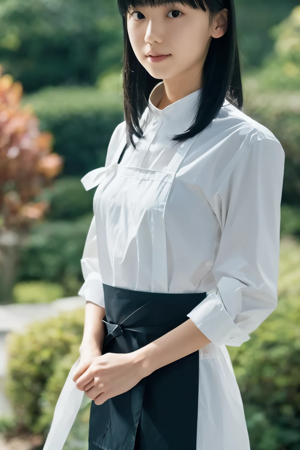 ((masterpiece, best quality)), (1 Girl), (Solitary), Skinny Japanese woman, 24 years old, (Women's Focus), night (Chainsaw Man),(Very rich facial details, Real images, Realistic white skin, Realistic body, Intricate details), Upper Body, Serious , Brown eyes, Looking at the audience, bandage over the body, Black Hair, Long-sleeved shirt, Apron Dress, Black tie, bandage, bandage, Small Breasts