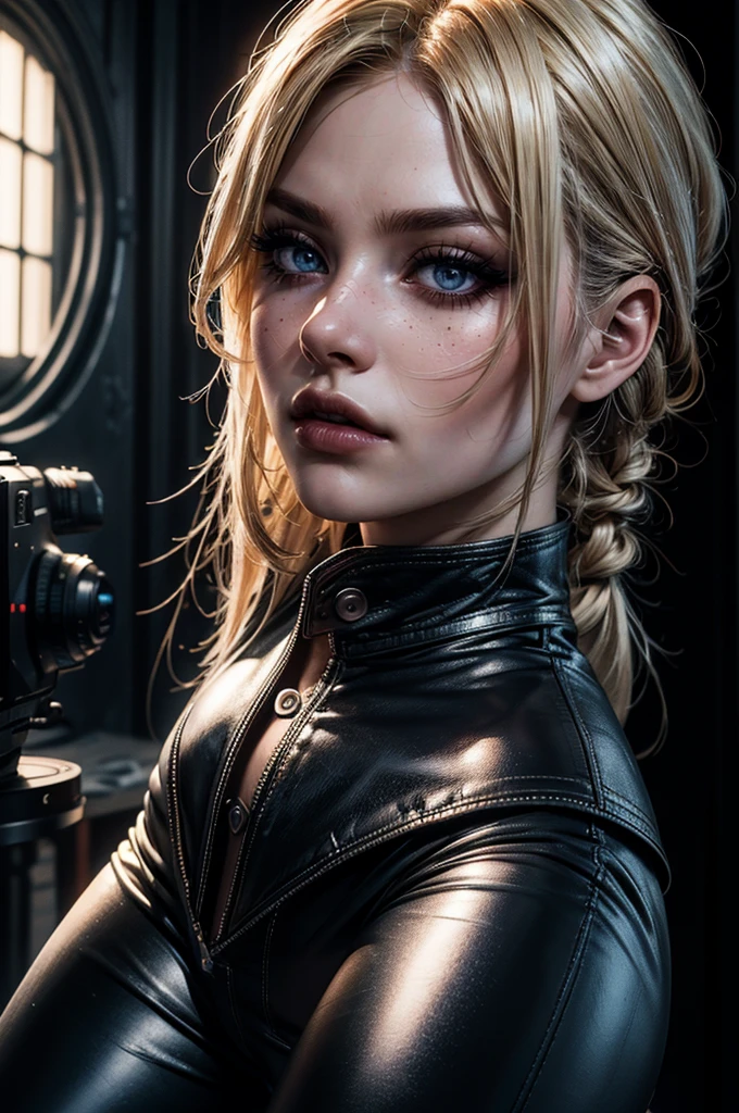 cowboy shot,a pretty 21 year old girl,blond hair,blue eyes,lora_Emma,slim athletic body,tight and stretched white shirt with ons,buttap,short sleeves,ultra low rise black shiny latex pants,(double metal belt),empty studio,(best quality,4k,8k,highres,masterpiece:1.2),ultra-detailed,(realistic,photorealistic,photo-realistic:1.37),dramatic lighting,cinematic,fashion photography,studio lighting,high contrast,vivid colors,beautiful detailed eyes,beautiful detailed lips,extremely detailed eyes and face,long eyelashes, hair on one side, touching hair