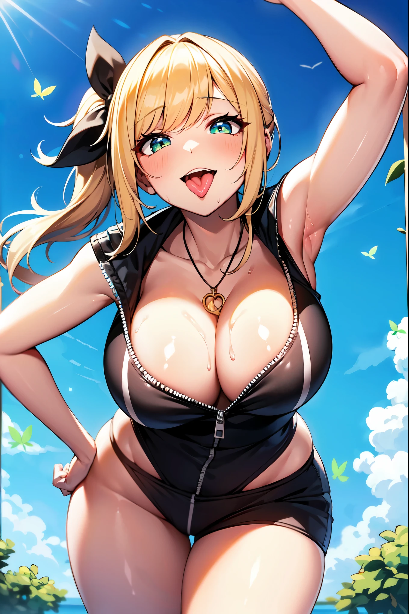 a busty long hair blonde woman blue eyes with a smile fun haughty provocative face expression, open mouth, black leather jumpsuit, forest background, facing the camera, Big breast++, face camera, smile fun haughty provocative face