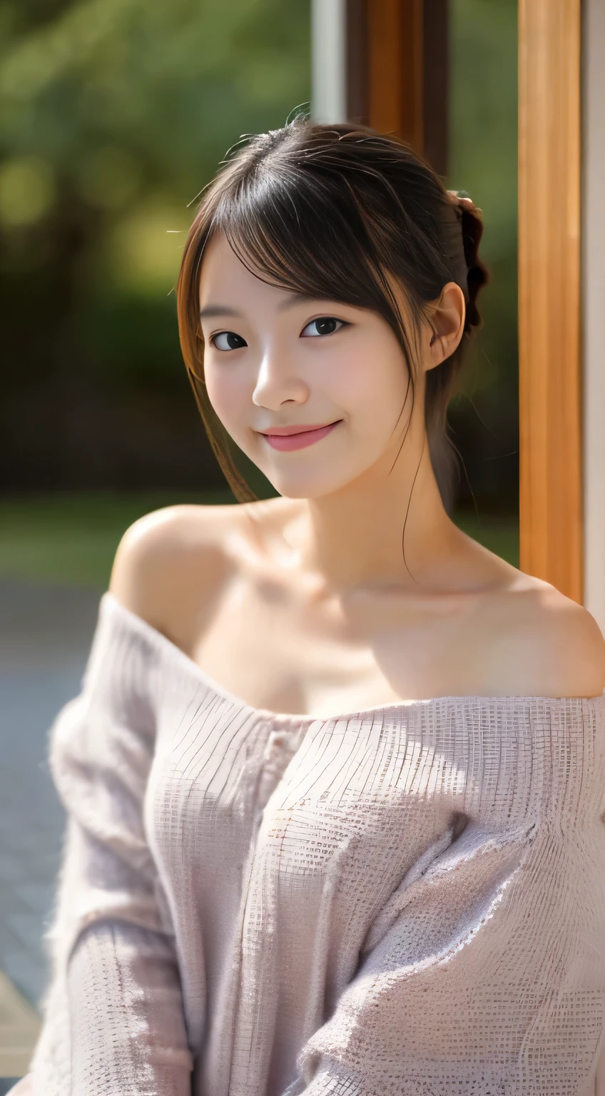 masterpiece,best quality,(Japanese girl),((Beautiful girl)),cleavage,(off shoulder:1.2),(perfect body beauty:1.2),(shy smile),From slightly above