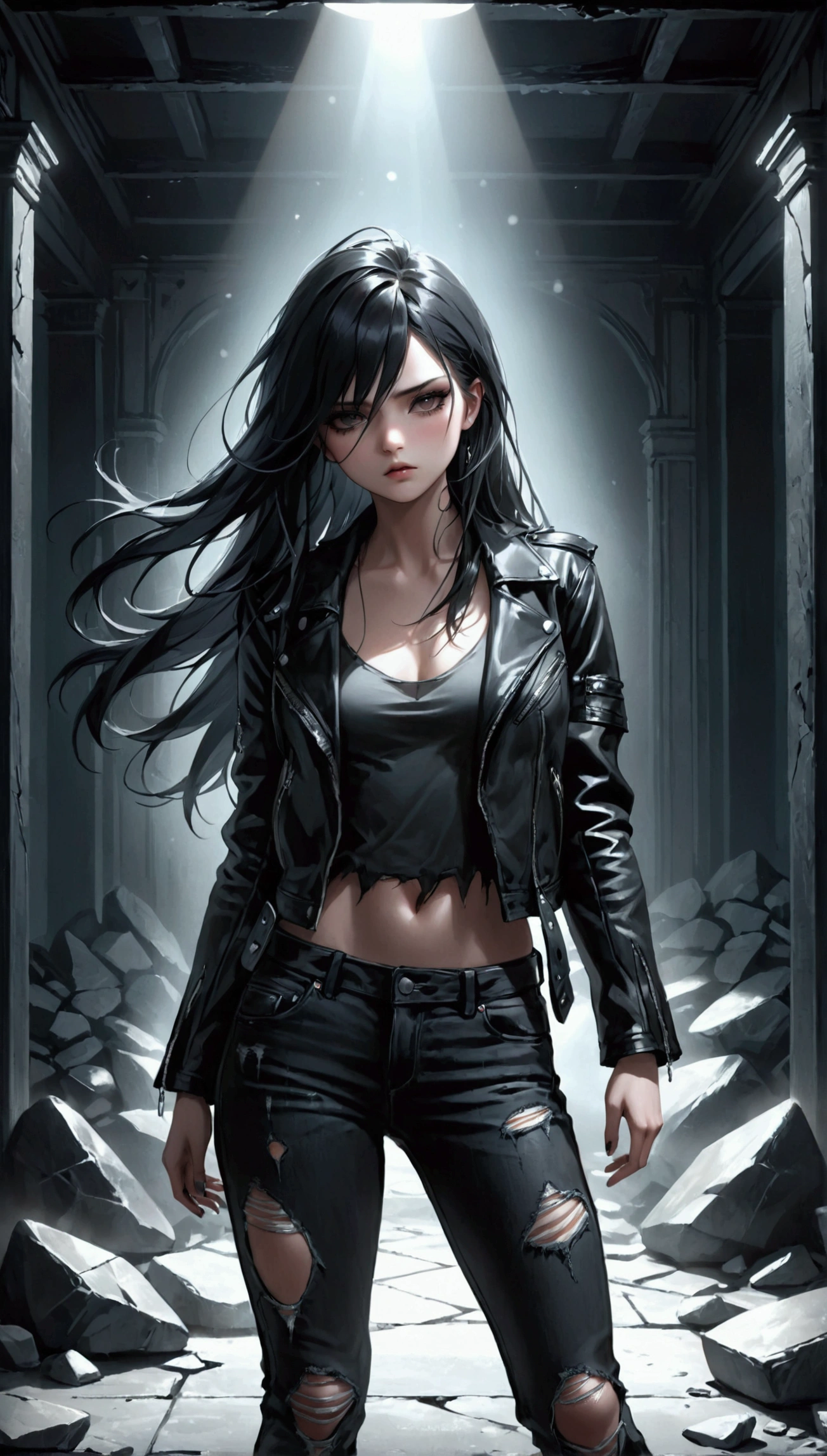 a sexy rock girl,long black stylish hair,black eyeliner,rock style clothes,ripped black jeans,black leather jacket,dramatic lighting,cinematic atmosphere,chiaroscuro lighting,high contrast,moody,dark and gritty,dramatic poses,intense expression,photorealistic,8k,best quality,masterpiece