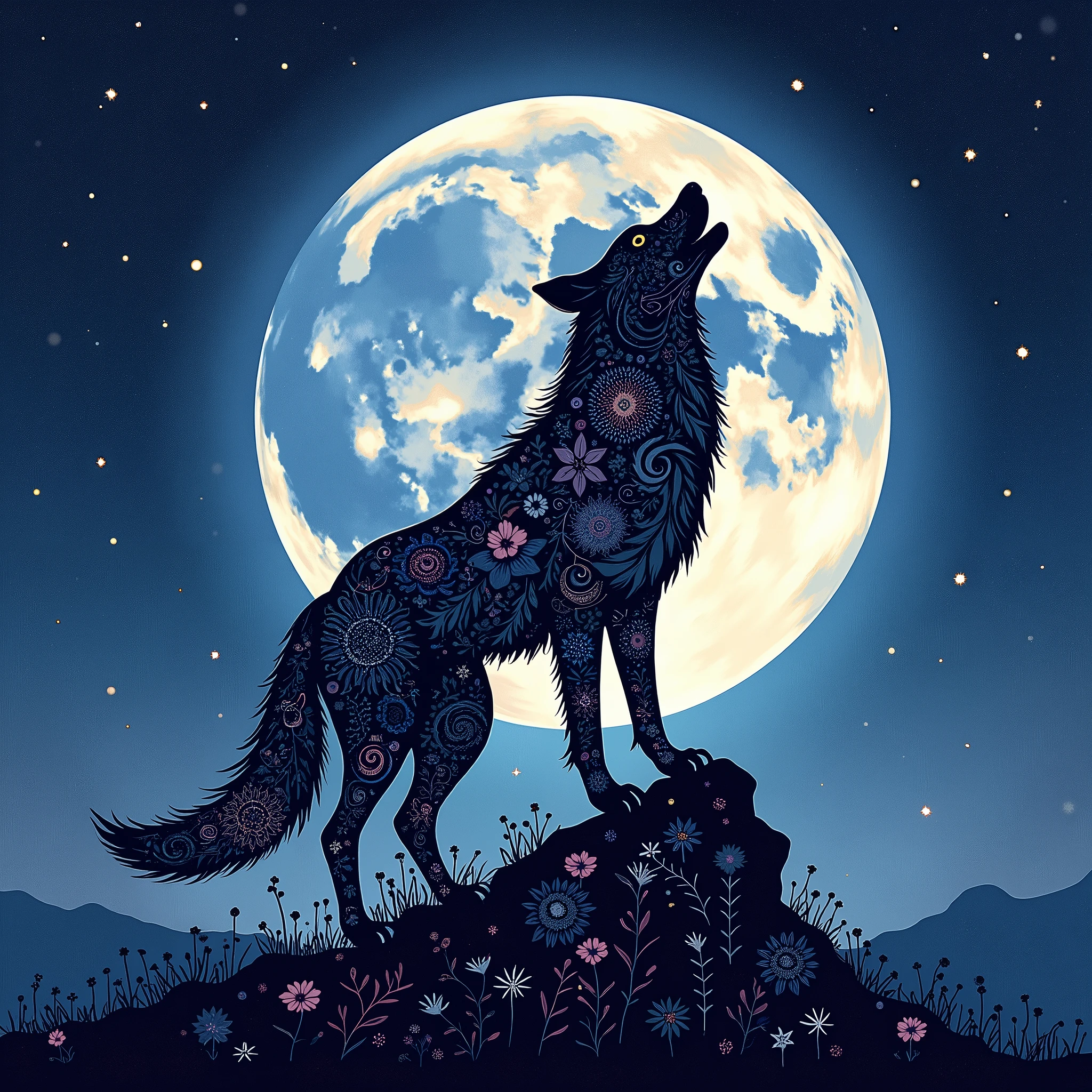 A silhouette of a wolf howling, filled with intricate patterns and textures, creating a powerful and dynamic visual.