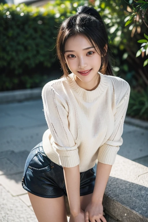 (A 20-year-old Japanese slender beautiful girl), (Small breasts:1.5,)solo, (masterpiece, High resolution, High detail, Highest quality, Very detailed, Ultra high definition, Textured skin,Reality), ((Ray Tracing,Portrait Photography)), Cinematic light effects, ((realism)), ((Surrealism)),8k octane, ((Natural Makeup)),Aperture value F1.8, (((Black Hair, Shiny Hair, ponytail,smiling, Summer Sweater,Shorts))),(((Camera Girl,Single-lens reflex cameraを持つ))),(Single-lens reflex camera:1.5)