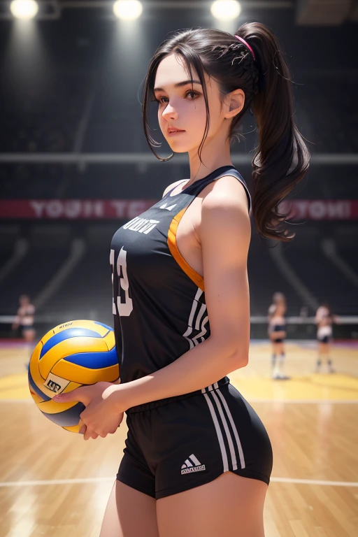 1 young beautiful girl with long black hair, double braided ponytail, wearing female volleyball uniform, standing on volleyball court holding volleyball ball, looking at viewer, sweet expression, volleyball court full of female players, (best quality, 4k, 8k, highres, masterpiece:1.2), ultra-detailed,(realistic,photorealistic,photo-realistic:1.37),perfect anatomy,precise,hyper-realistic,intricate details,vivid colors,cinematic lighting,volumetric lighting,depth of field,photorealistic rendering