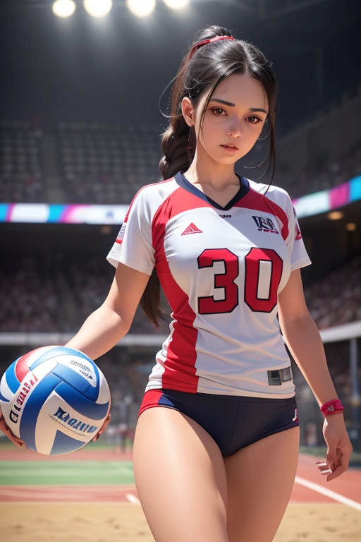 1 young beautiful girl with long black hair, double braided ponytail, wearing female volleyball uniform, standing on volleyball court holding volleyball ball, looking at viewer, sweet expression, volleyball court full of female players, (best quality, 4k, 8k, highres, masterpiece:1.2), ultra-detailed,(realistic,photorealistic,photo-realistic:1.37),perfect anatomy,precise,hyper-realistic,intricate details,vivid colors,cinematic lighting,volumetric lighting,depth of field,photorealistic rendering