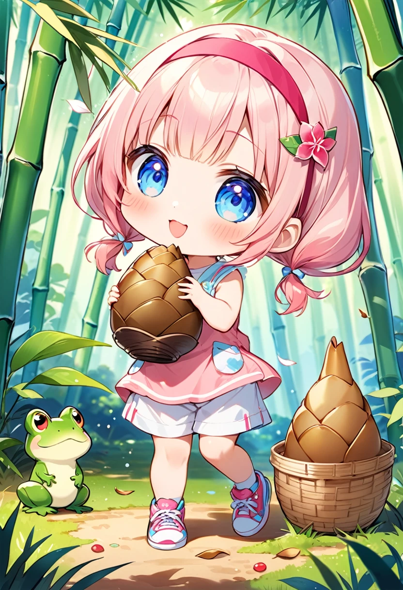 Highest quality、High resolution、Detailed Background、Beautiful face in every detail、Anatomically correct、Detailed facial expressions、fine grain、((full body, from behind:1.2, looking back:1.2)), break ((One Girl:1.2)、((Chibi Girl:1.2)))、Bright pretty hair color、Big beautiful blue eyes、Fuller lips、Pink Lips、Braided twintails、Ahoge、(Bamboo shoot digging:1.2、Carrying a large bamboo basket full of bamboo shoots:1.2)、(Cute spring-colored sleeveless spring clothes、Spring-colored pants、Cute sneakers、Cute Headband)、break ((Place your hands in front of your chest、Holding a large bamboo shoot:1.2、A happy smile))、((The background is a bamboo forest、Calm weather、Bamboo shoots sticking out a little from the ground、Accumulated dead leaves、Gentle Breeze))、(The frog is jumping:1.2)