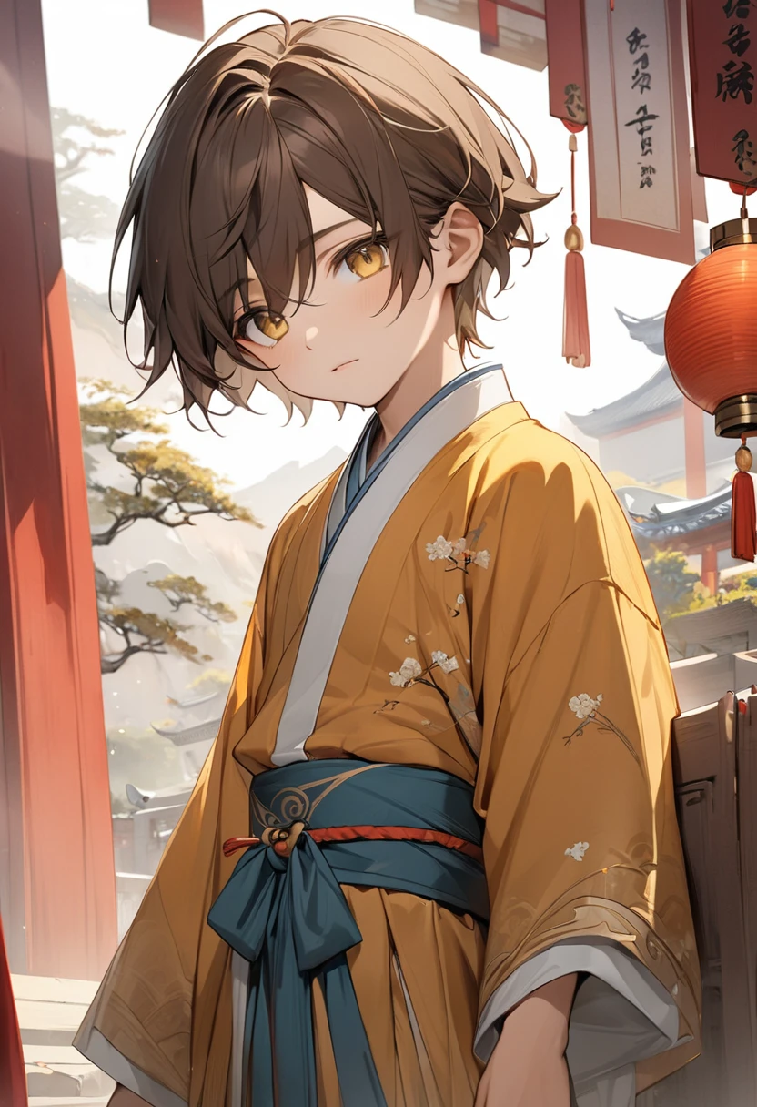((best quality)), ((Masterpiece)), (details), 1 boy, 6 years old, brown hair, yellow eyes, very short hair , Tanned skin ,Hanfu, ancient chinese dress, Masterpiece, detailsสูง, Cute atmosphere, Cowboy shot, Ancient Chinese Background, Your Highness., ((boy))
