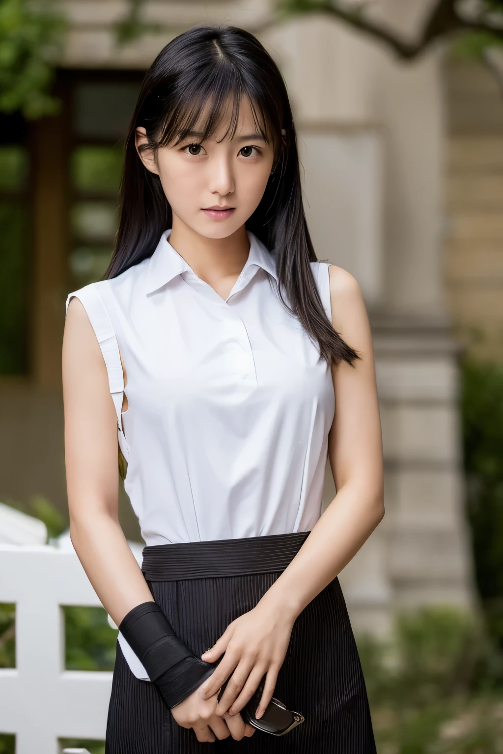 ((masterpiece, best quality)), (1 Girl), (Solitary), Skinny Japanese woman, 24 years old, (Women's Focus), night (Chainsaw Man),(Very rich facial details, Real images, Realistic white skin, Realistic body, Intricate details), Upper Body, Serious , Brown eyes, Looking at the audience, bandage over the body, Black Hair, Long-sleeved shirt, Apron Dress, Black tie, bandage, bandage, Small Breasts