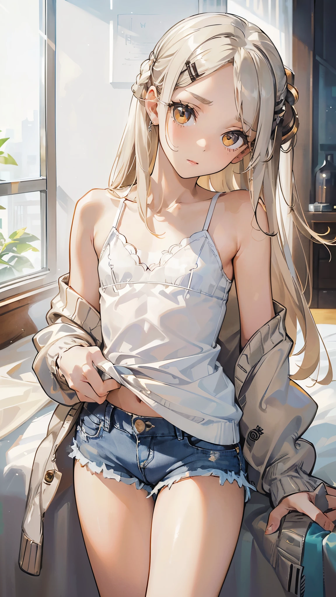 masterpiece, ultra detailed, 8k portrait, RAW photo, portrait photography, Highly detailed face, beautiful and meticulous eyes, (amber color eyes:1.5), 15 years old, (tilt one's head:1.5), (standing:1.5), indoor, (white camisole:1.5) and (Lowrise blue shorts:1.5), (ultra long hem white summer cardigan:1.5), cute girl, (platinum blond hair:1.5), (platinum blond colored eyelash:1.5), (medium hair:1.0), (parted bangs:1.5), (hairpin1.5), (sleepy face:1.0), young girl, 1girl, beauty girl, pretty girl, 159cm, 41kg, (skinny:1.5), (flat chest:1.5),