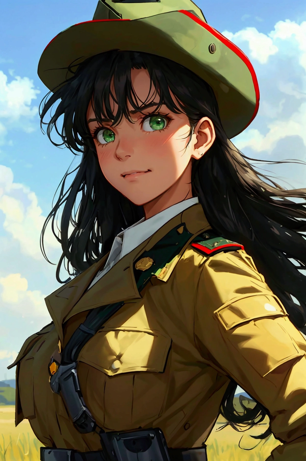 masterpiece, best quality, cowboy shot, solo, 1girl, black long wavy hair:1.2, green eyes, frowning:0.6, smiling:0.5, looking at viewer, military, tank background, officer modern uniform, outdoor, dynamic lighting, frowning, scolding, big sized breasts