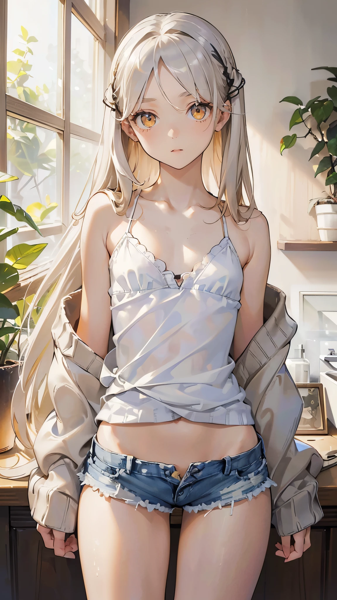 masterpiece, ultra detailed, 8k portrait, RAW photo, portrait photography, Highly detailed face, beautiful and meticulous eyes, (amber color eyes:1.5), 15 years old, (tilt one's head:1.5), (standing:1.5), indoor, (white camisole:1.5) and (Lowrise blue shorts:1.5), (ultra long hem white summer cardigan:1.5), cute girl, (platinum blond hair:1.5), (platinum blond colored eyelash:1.5), (medium hair:1.0), (parted bangs:1.5), (hairpin1.5), (sleepy face:1.0), young girl, 1girl, beauty girl, pretty girl, 159cm, 41kg, (skinny:1.5), (flat chest:1.5),