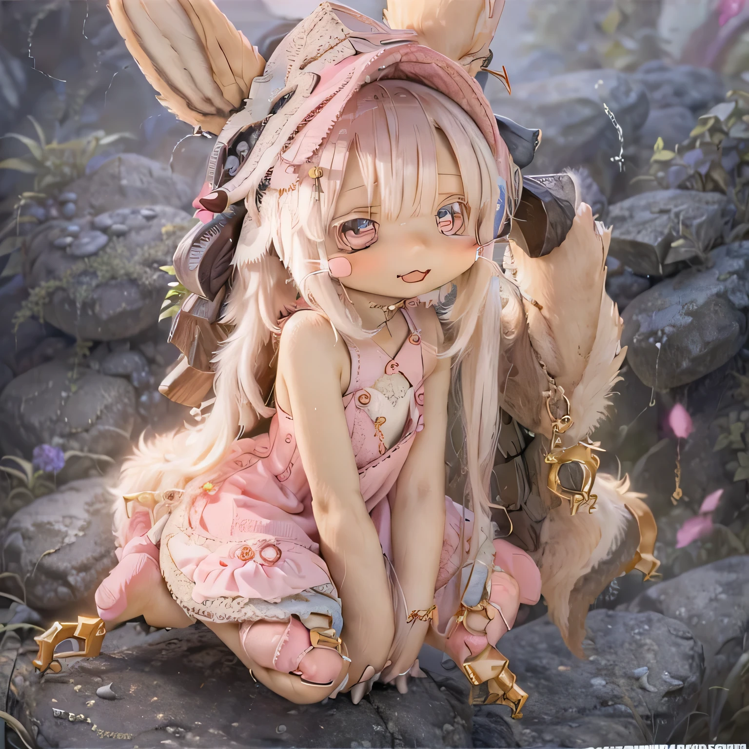 in the garden, smile, Similar to Nanachi from Made in Abyss. She is beautiful, Beautiful eyes and lips.  (((Chibi Style,))) . Image quality is excellent, Highly detailed and realistic features. The medium of this work is、Combining illustration and photorealistic rendering.. The colors are vivid、The lighting creates a warm and bright atmosphere。 whole body(((((Cute pink dress)))))Contrasting cute poses