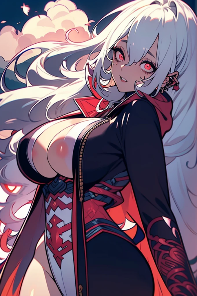 Perfect masterpiece, EXTREMELY DETAILED UNITY 8K UHD CG QUALITY RESOLUTION, CRU photo, photorrealistic, PERFECT PHOTOGENIC CLARITY, offcial art, award-winning portrait, offcial art, (cr33pyan1m3styl3, nasty, eyeballs, horor (theme):1.3) The most beautiful and sexy vampire goddess, oni horns, very long platinum white hair, vibrant red eyeballs, Long, detailed lashes, blushful, pink lips pouting, curvy body type, full hips, Super huge enormously gigantic boobs, cleavage showing, gigantic explosion of her kimono, tons of tattoos and piercings, wearing the most beautiful and detailed hooded Harajuku-inspired kimono, arching her back in a sexy and seductive slutty pose, gazing at viewer, full - length portrait, cowboy shot, sexy facial expression, seductive and slutty, cherry blossoms blowing in the wind, dreamy atmospheric aesthetic background splashed with blood