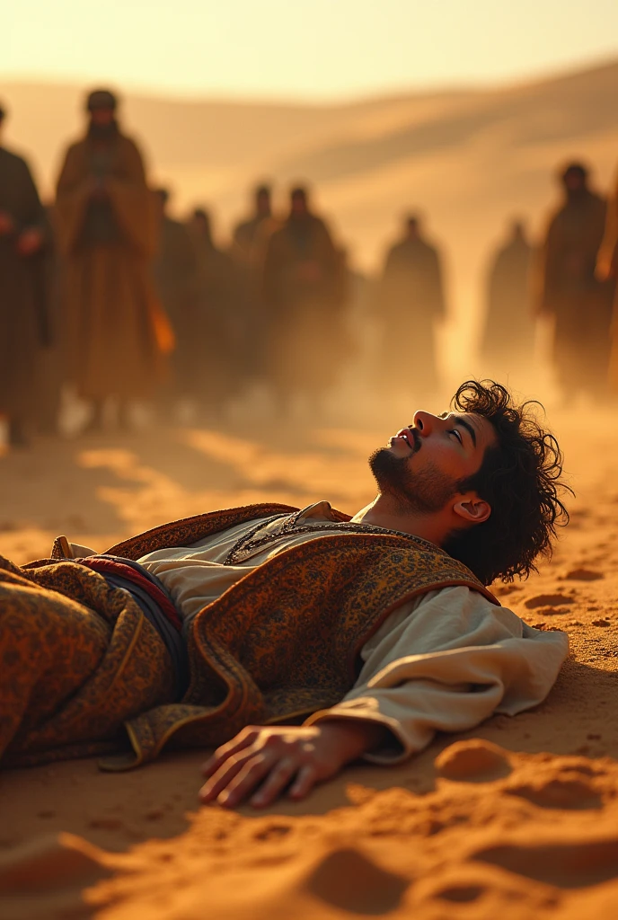 A very beautiful young man with an arbic dress laying on ground dragging very badly on the land by many people, he wants to go to the desert, that young man's feel so helpless