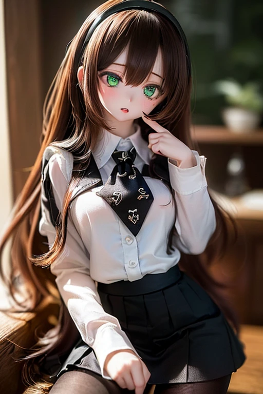 (SFW:2), photorealistic, realistic photo, 8k, ((highest quality)), ((masterpiece)), (extremely detailed), kukolnydom, doll, (mature woman, 21yo, 21 years old, solo:1.6), ((cowboy shot, dynamic pose, slim, slender, skinny, medium breasts, hairband, ascot, vest, dress shirt, long puff sleeves, pleated skirt, black pantyhose)), (parted lips, green eyes, brown hair, long hair, plastic skin, looking at another, glass eyes, gradient eyes, shining eyes, detailed eyes:1.3)