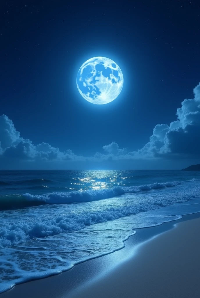 Blue moon, sea, sandy beach, beautiful details, fantastic, quiet waves, beautiful night sky 