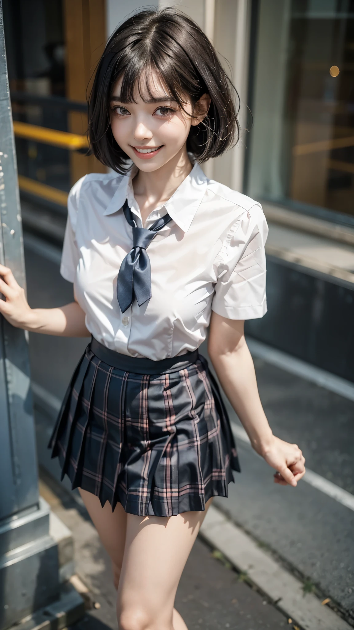 Highest quality, masterpiece, Ultra-high resolution,8k,((Toothy smile portrait:1.4)), (Realistic:1.6), ((lips,Pale pink)),((Sparkling eyes)),((A radiant smile)), RAW Photos,((High School Simple Uniform,tie)),((Blue check pleated skirt)),((Soft looking breasts)),((Full body photo)),1 person,Slim 22 year old adult female,(Full of smiles, )) ,((Jet black hair,Short bangs,Straight Bob Cut)),((Ribbon in hair)),((Looking up at the audience)),Face Focus:1.4,((Shot from above:1.15)),