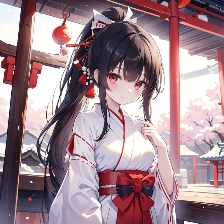 high resolution、anime、alone, Shrine maiden, Long Hair, Black Hair,black eye、Dark Eyes、 clear,shrine、Shrine maiden服、Big Breasts、ponytail, White, fine-grained skin,Small Mouth, Beautiful Japanese Woman, 14 Talents, Red Hakama、smile、Upper body naked、White underwear、clearな下着
