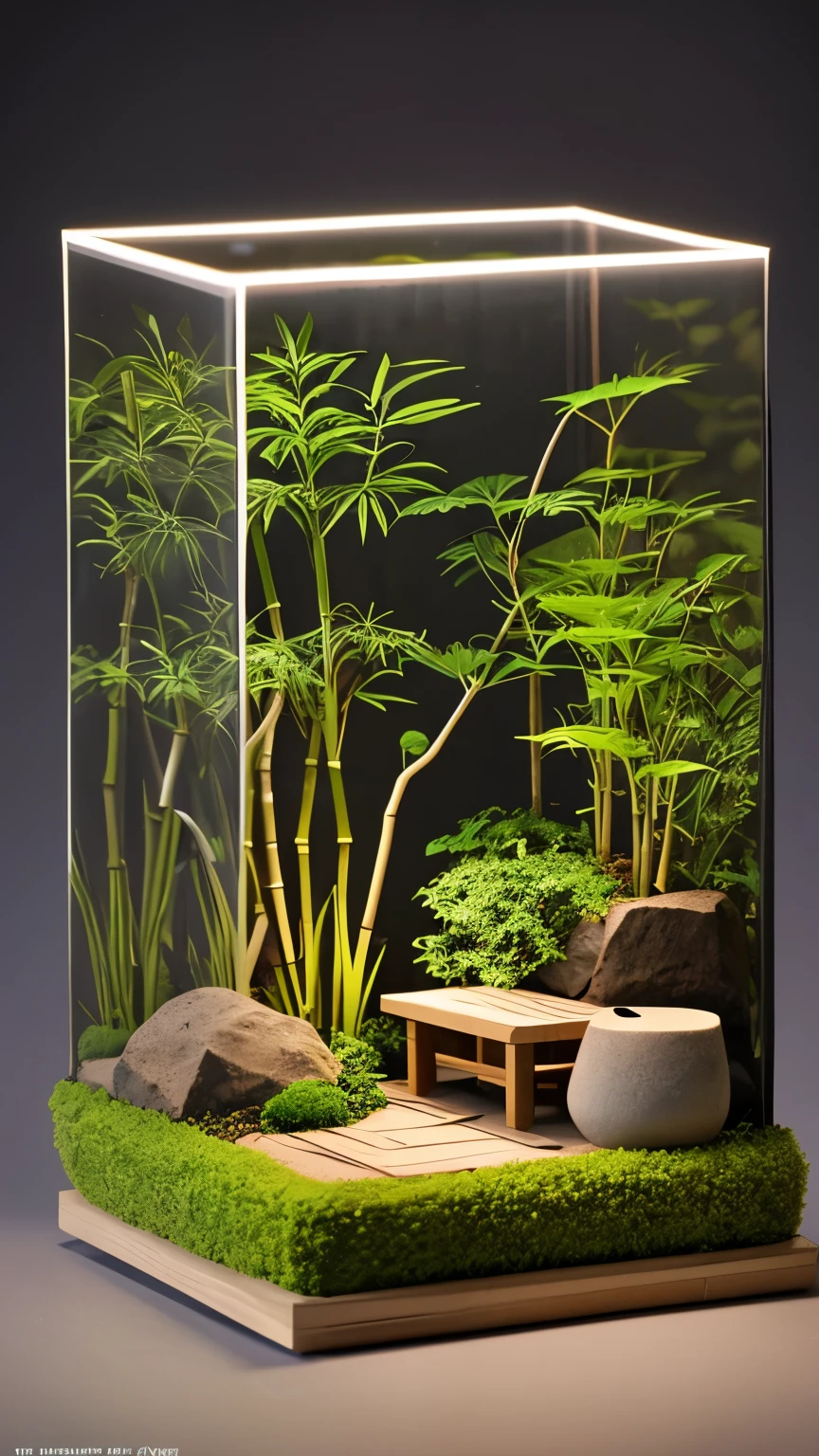 (Pixar Style)、Wabi-sabi art、Miniature Garden、bamboo forest:1.7、Potted plants、Deer Weigh、Miniature figure model, Light source from right to left, Rembrandt lighting, Light source from right to left, (Isometric projection), (top down), Realistic scale, Post-processing, ((Orthogonal Viewpoint)), Super Detail, Realistic, Ultra-realistic, Realistic rendering, Slightly dim lighting、Professional Photographer