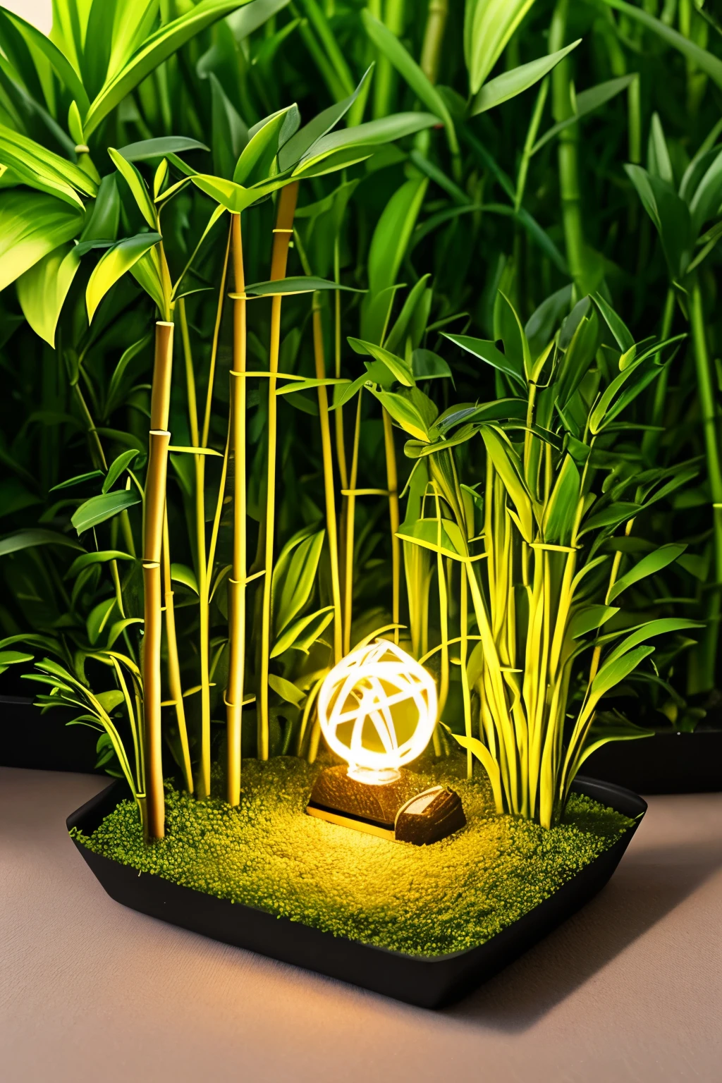 (Pixar Style),Miniature Garden、bamboo forest:1.7、A portion of the bamboo stalk glows golden、A single bamboo stalk glowing golden、Miniature figure model, Light source from right to left, Rembrandt lighting, Light source from right to left, (Isometric projection), (top down), Realistic scale, Post-processing, ((Orthogonal Viewpoint)), Super Detail, Realistic, Ultra-realistic, Realistic rendering, Slightly dim lighting、Professional Photographer
