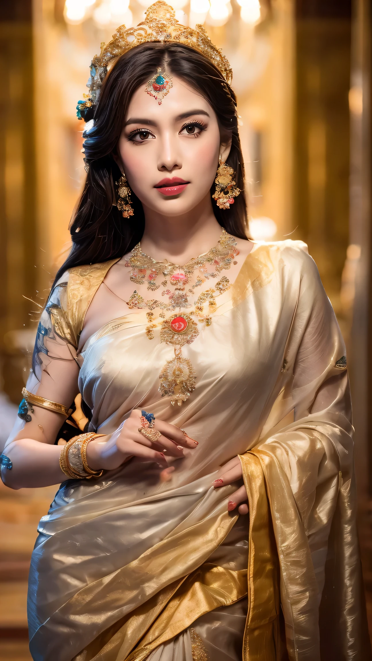 ((Best quality, 8k, Masterpiece :1.3)), Sharp focus :1.2, Generate a realistic image of a beautiful sexy Indian woman dressed in a white Kasava saree, adorned with traditional ornaments, standing in a well-lit room with cinematic lighting. ((Front view, random elegant pose)), and there is a sense of grace and elegance in her posture. The background should complement the scene, enhancing the overall aesthetic appeal of the image. Photography by Brandon Woelfel, Full shot: Canon EF 16-35mm f/2.8L III USM lens on a Canon EOS 5D Mark IV camera, ultra realistic, 32k, HD