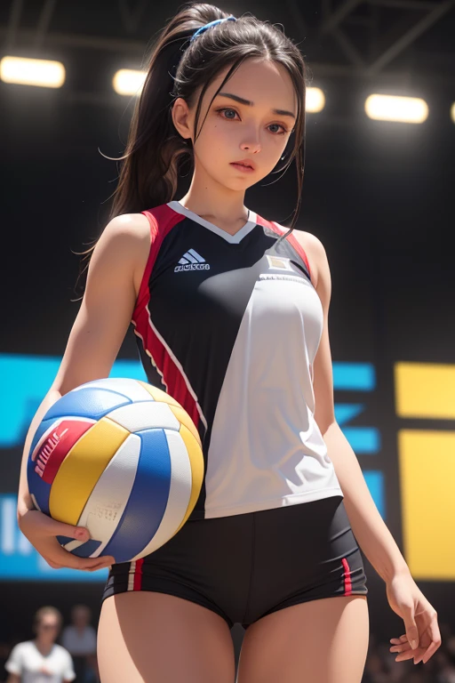 1girl,young beautiful girl,long black hair,double braided ponytail,female volleyball uniform,standing on volleyball court,holding volleyball ball,looking at viewer,sweet expression,volleyball court full of female players,(best quality,4k,8k,highres,masterpiece:1.2),ultra-detailed,(realistic,photorealistic,photo-realistic:1.37),perfect anatomy,precise,hyper-realistic,intricate details,vivid colors,cinematic lighting,volumetric lighting,depth of field,photorealistic rendering