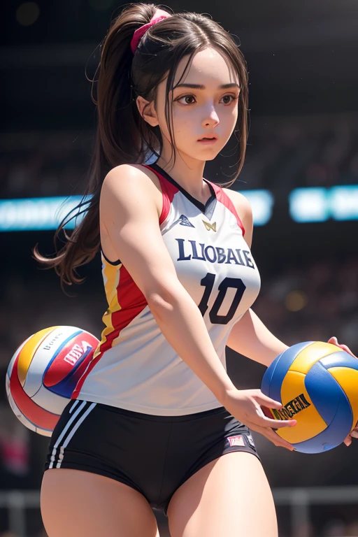 1girl,young beautiful girl,long black hair,double braided ponytail,female volleyball uniform,standing on volleyball court,holding volleyball ball,looking at viewer,sweet expression,volleyball court full of female players,(best quality,4k,8k,highres,masterpiece:1.2),ultra-detailed,(realistic,photorealistic,photo-realistic:1.37),perfect anatomy,precise,hyper-realistic,intricate details,vivid colors,cinematic lighting,volumetric lighting,depth of field,photorealistic rendering